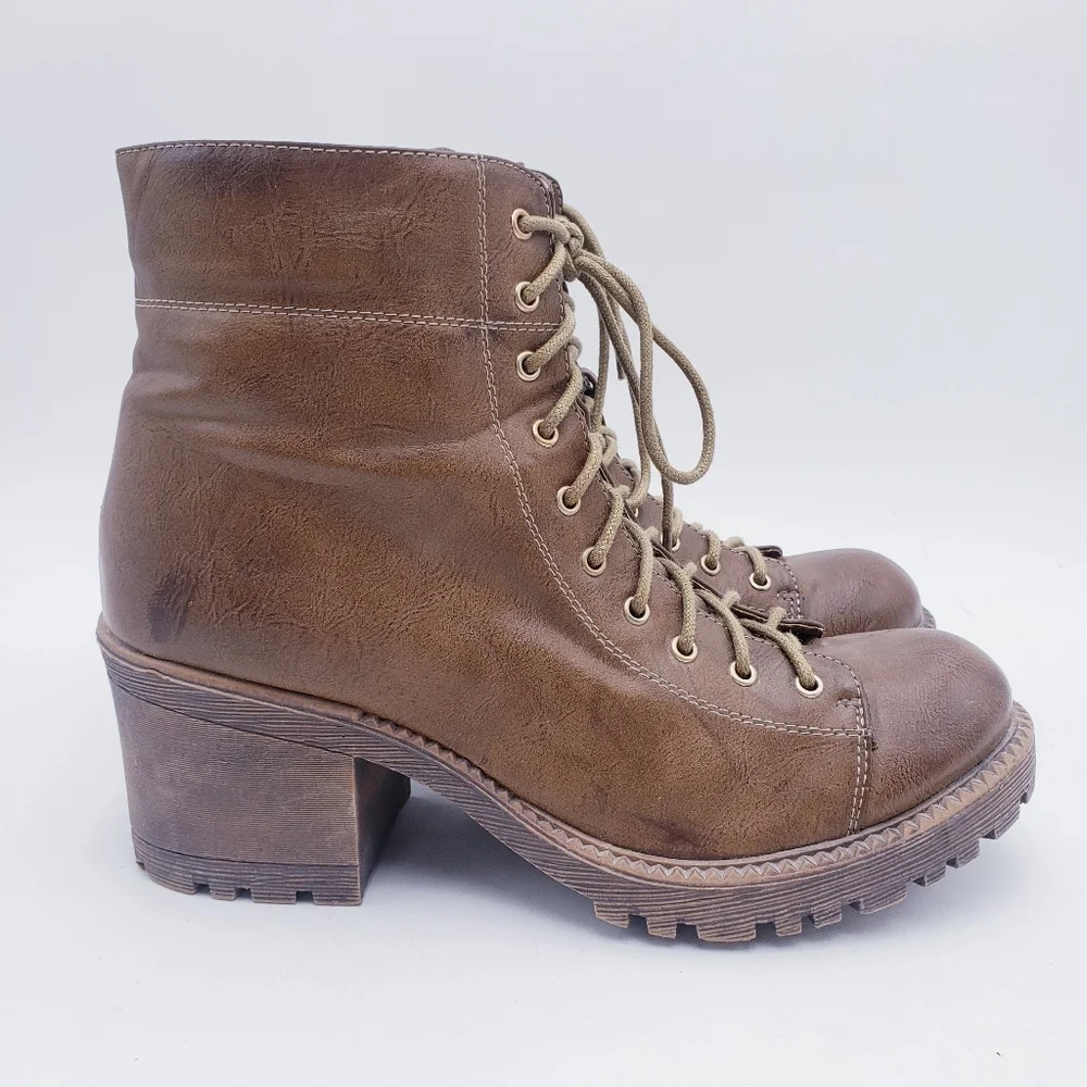 Vintage 90s Y2K Platform Lace Up Boots Chunky Brown Faux Leather Women's Size 10